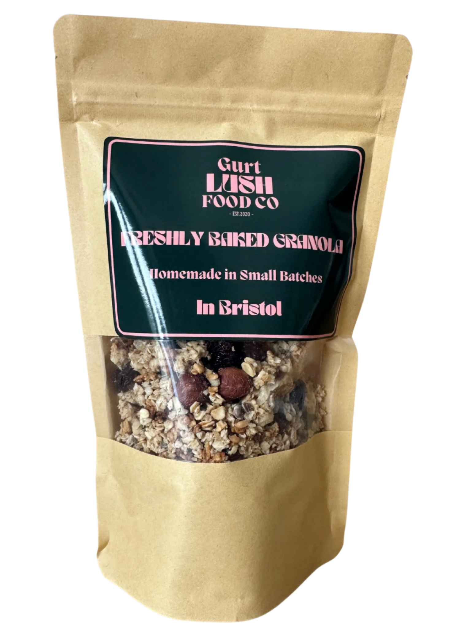 Kraft paper packaging of freshly baked granola from Gurt Lush Food Co on a white background