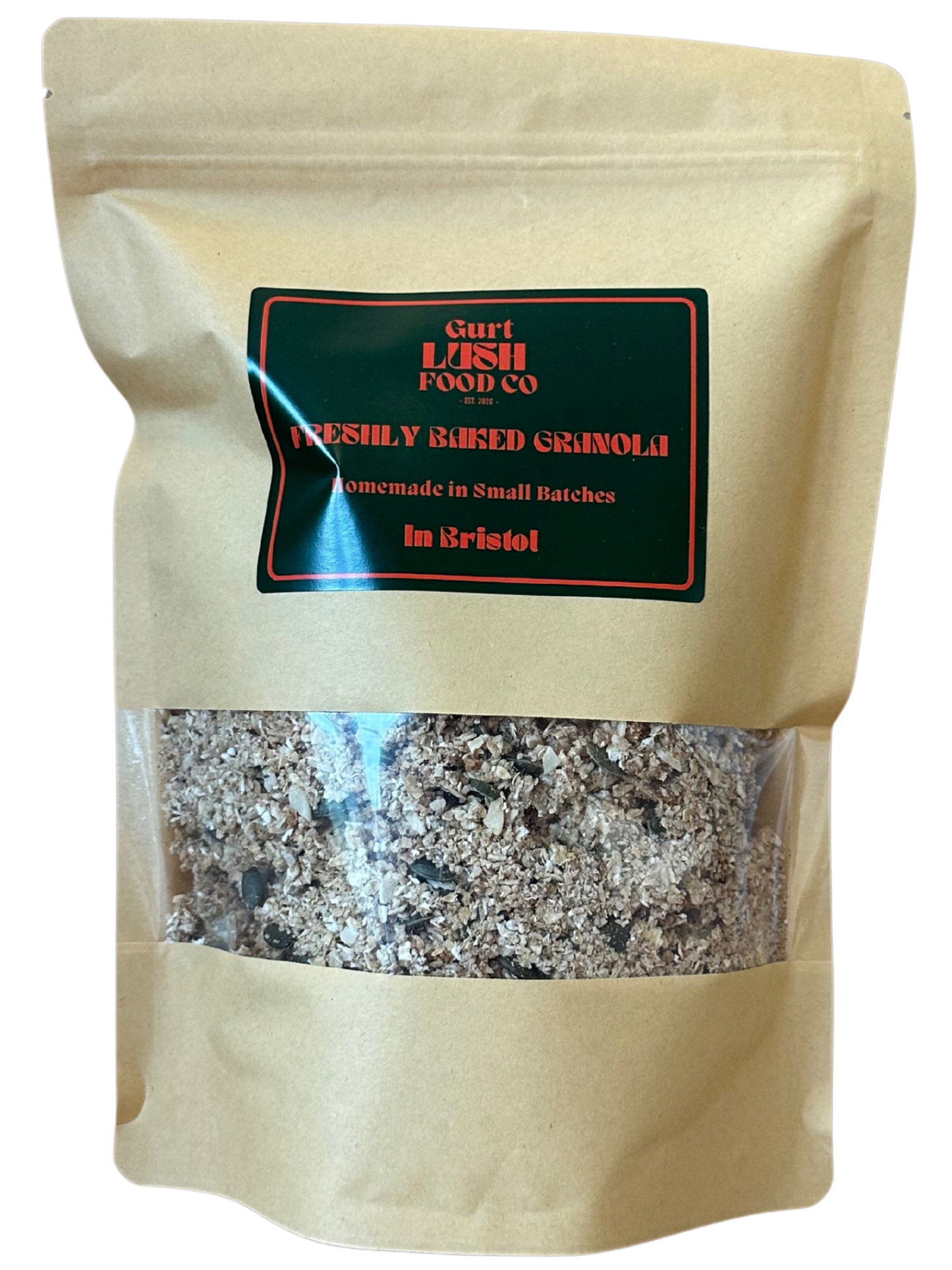 Beige bag of freshly made granola with a visible brand label on a white background