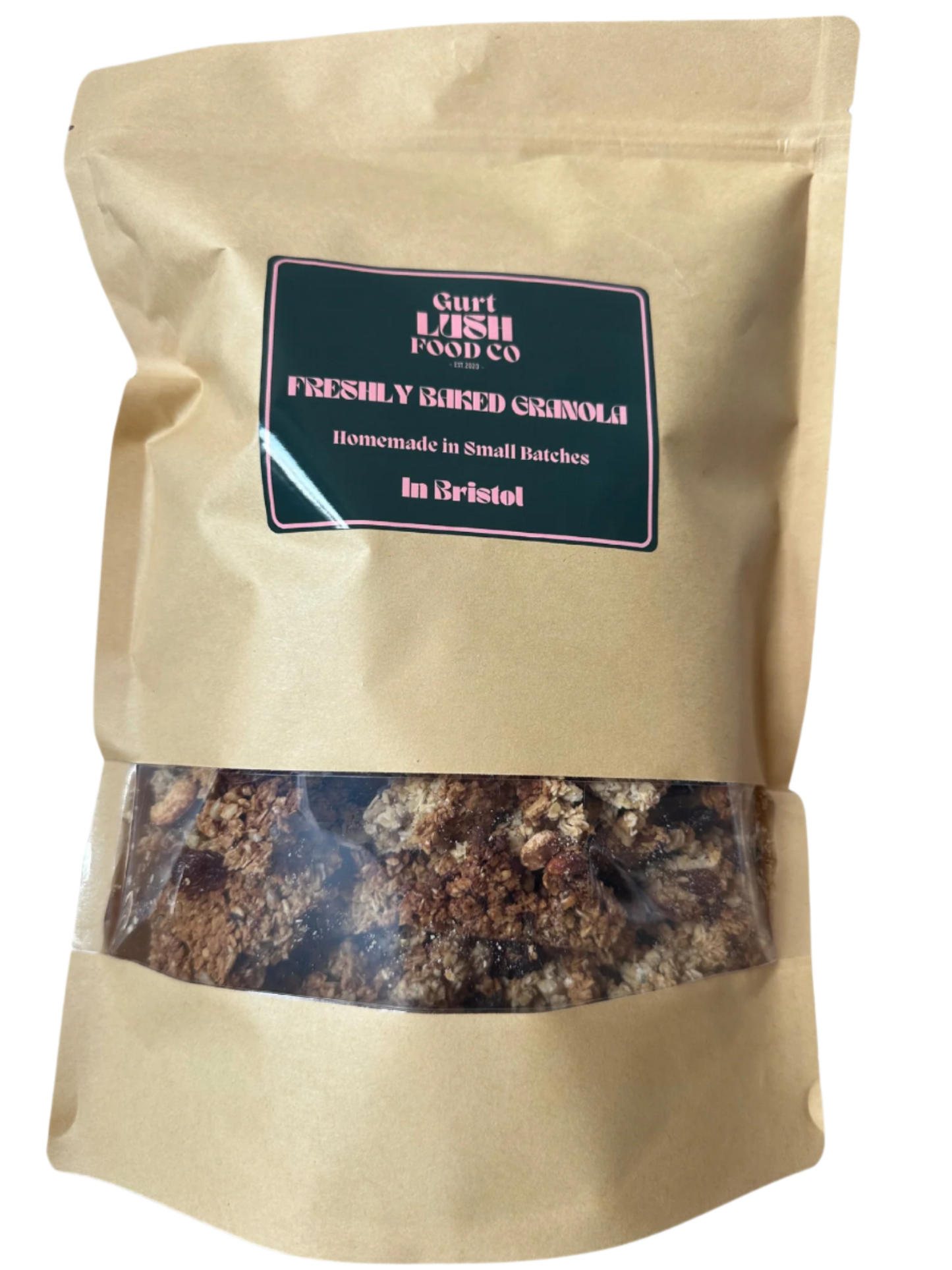 Packaging of 'The Vegan - Freshly Baked Granola' showing the granola inside a transparent window on the bag, with the brand and product name displayed on the label.