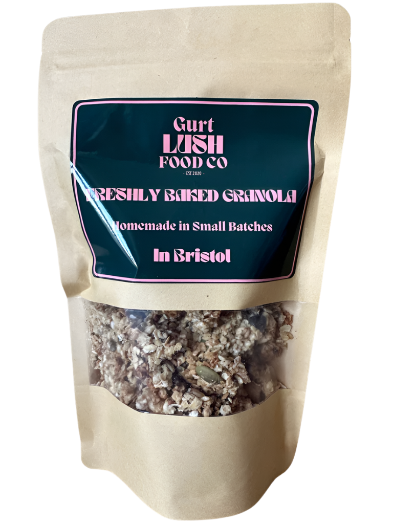 Bag of freshly baked granola from Gurt Lush Food Co on a white background