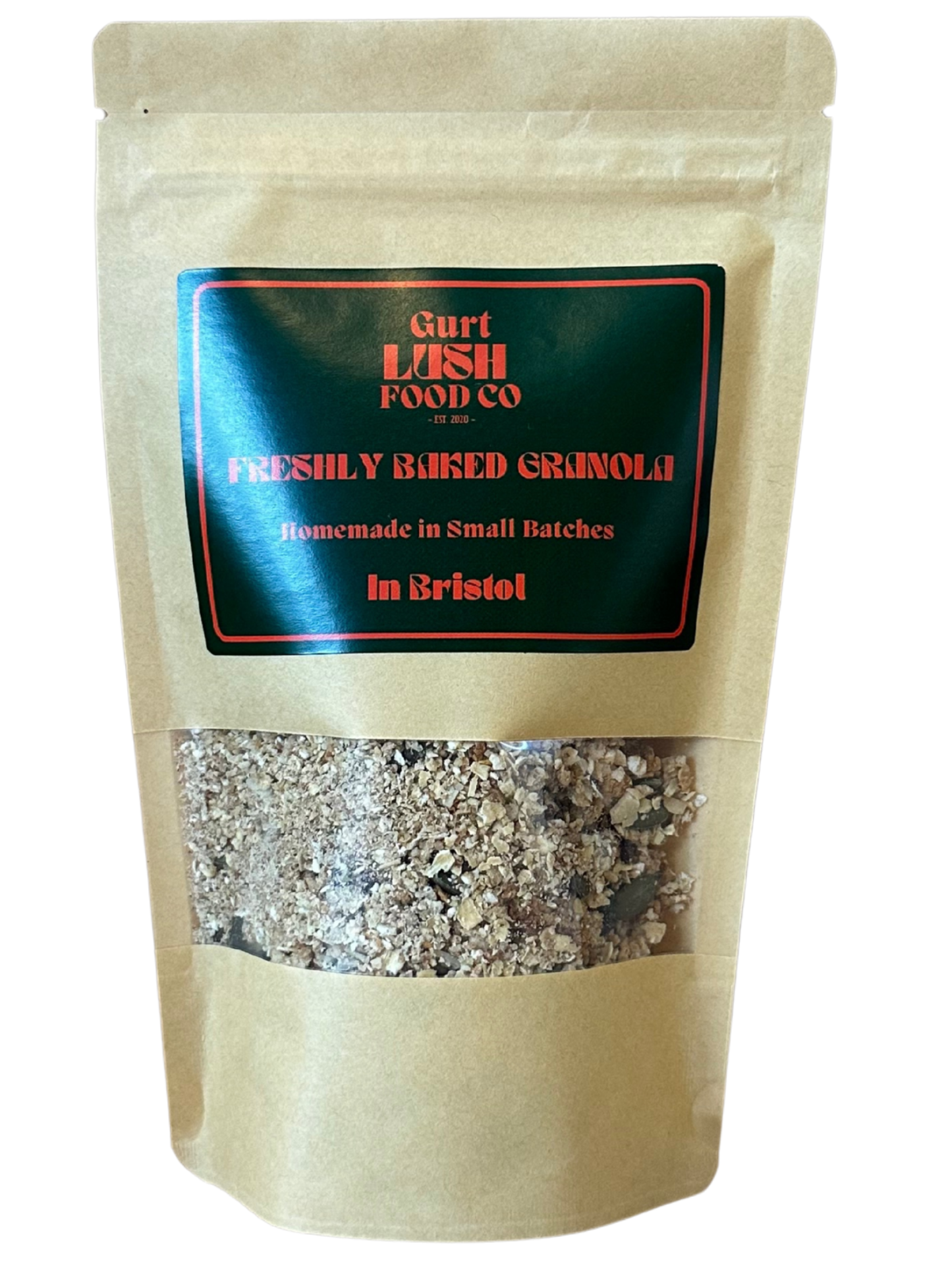 Packaged granola from Gurt Lush Food Co with a clear window showing the contents.