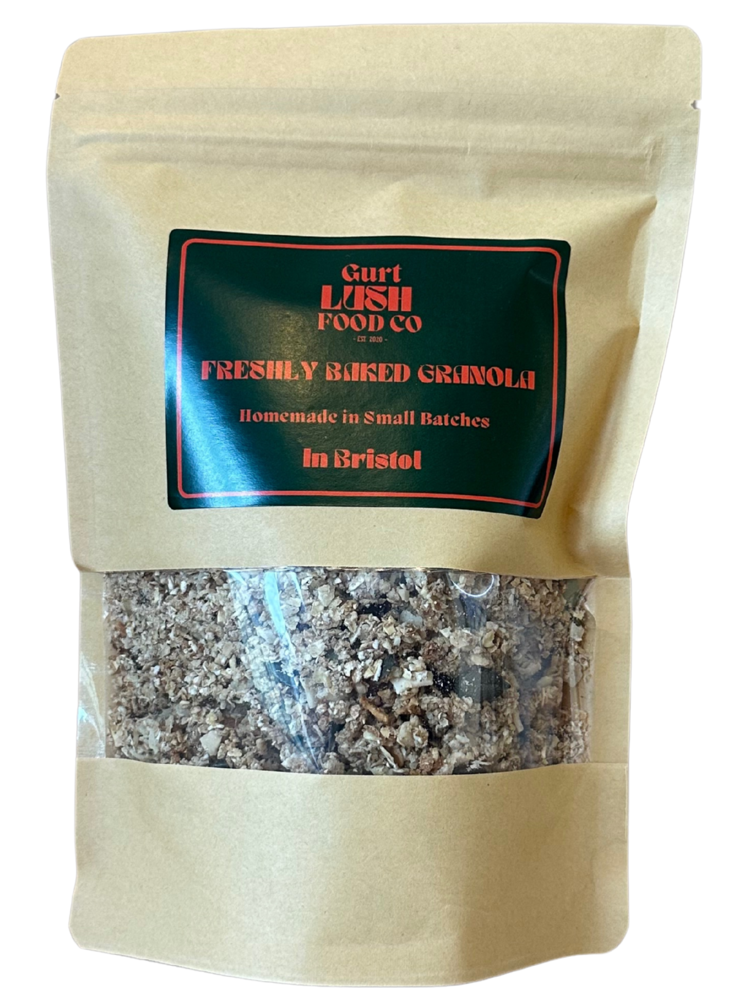 Beige bag of freshly baked granola with a visible brand label on a white background