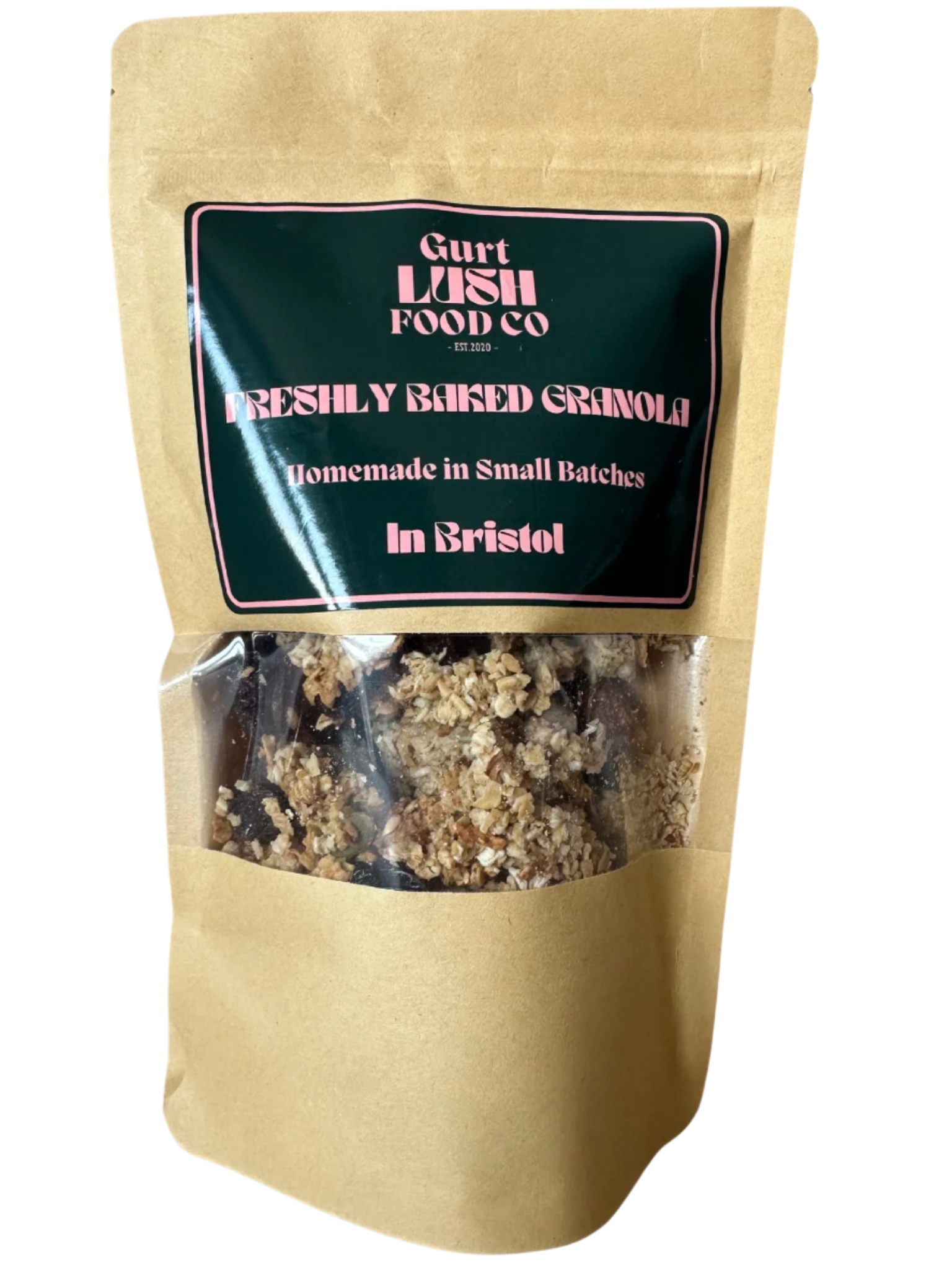 Kraft paper packaging of freshly baked granola with a label on a white background