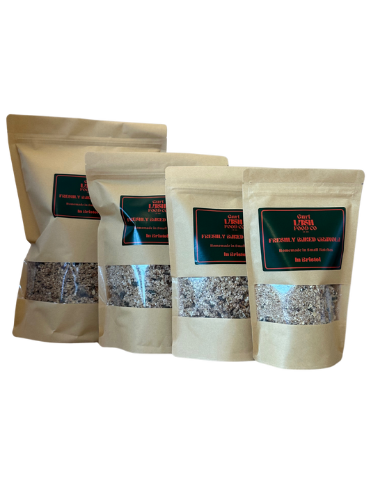 Four beige paper bags with visible contents on a white background