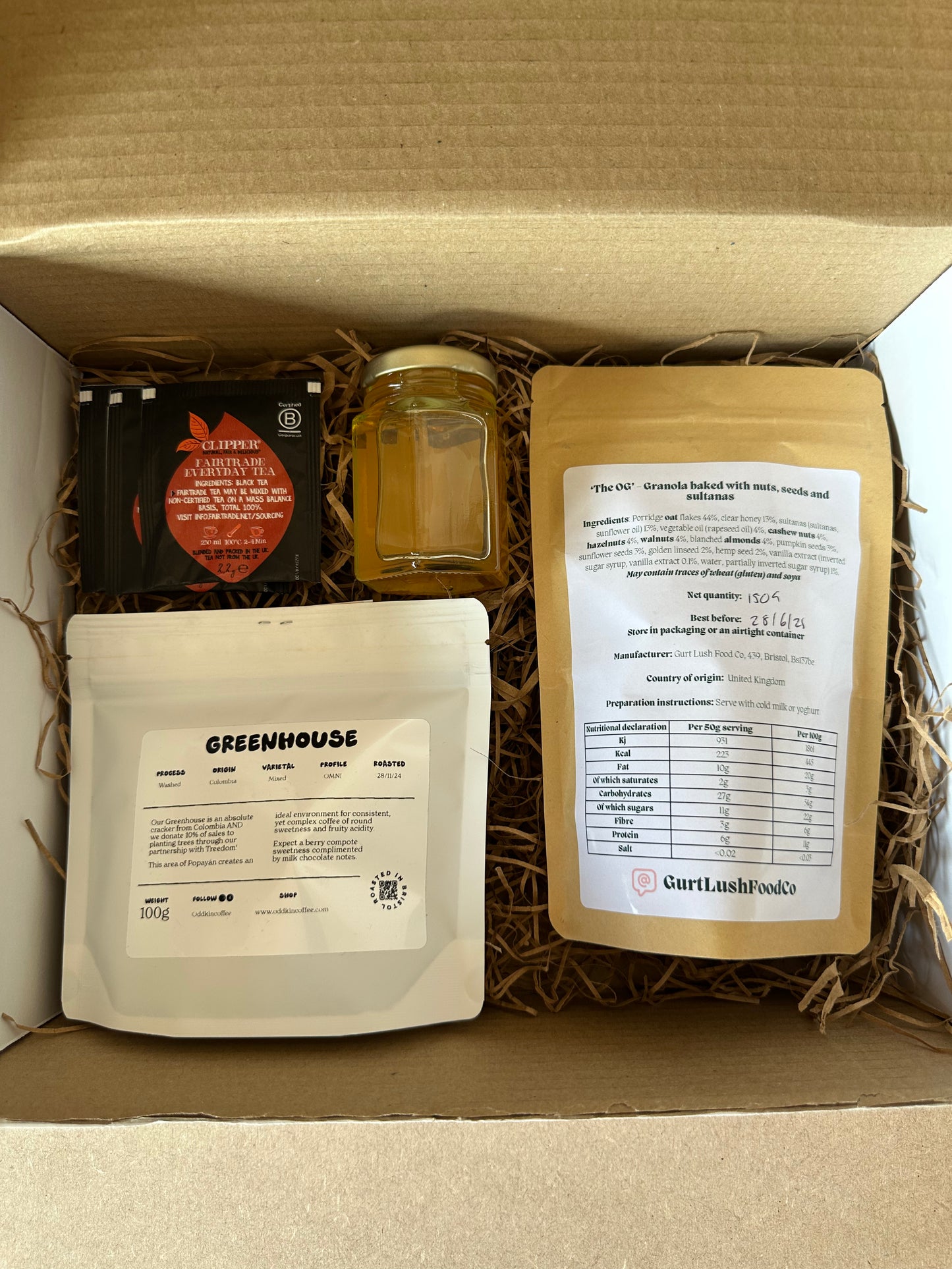 Bristol Breakfast Hamper - Gurt Lush Food Co Granola, The Bristol Bee Co Honey, OddKin Coffee and Tea