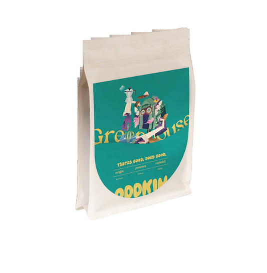 Coffee bag with a colorful label on a white background