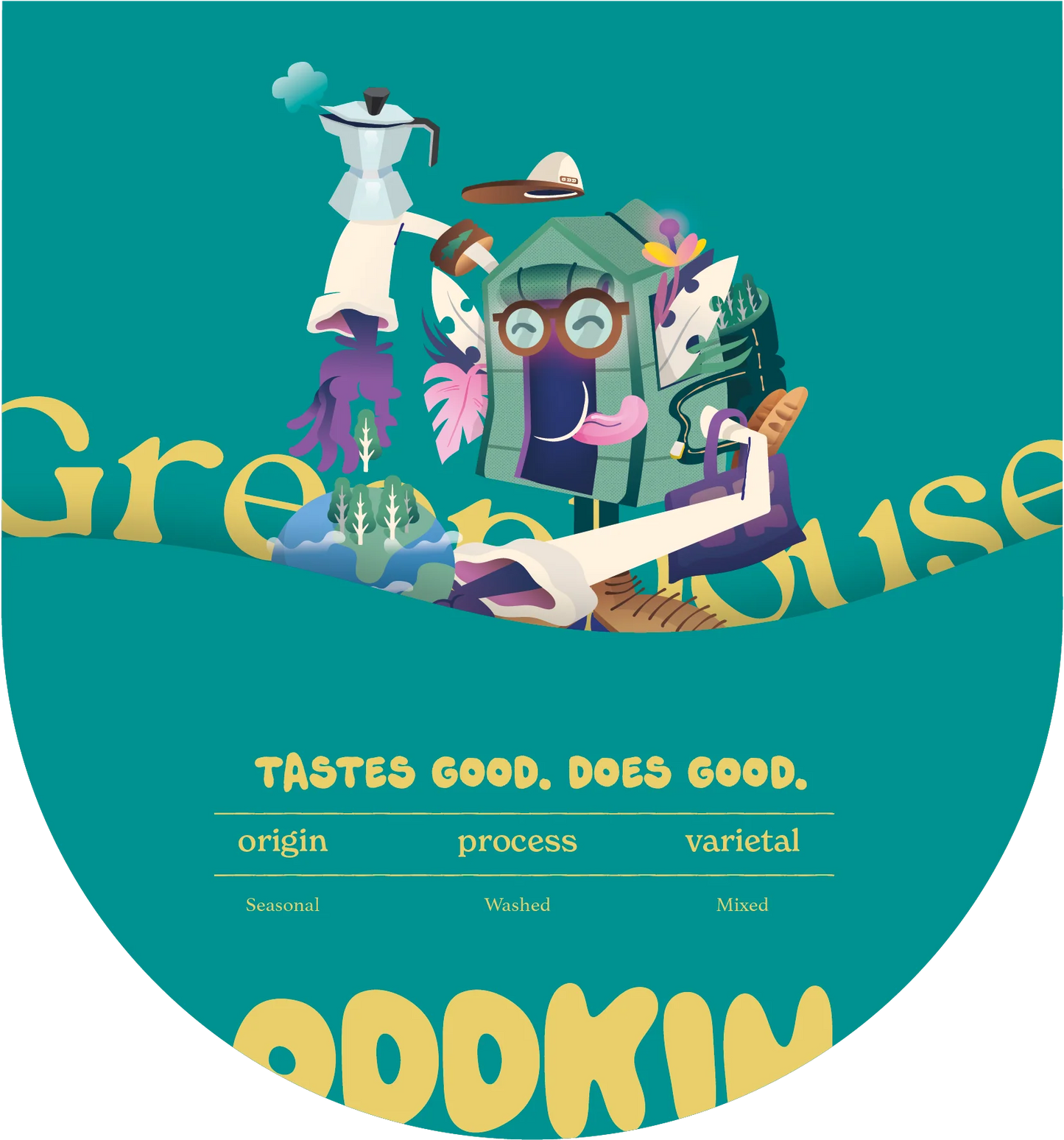 Circular design with cartoon characters and text on a teal background