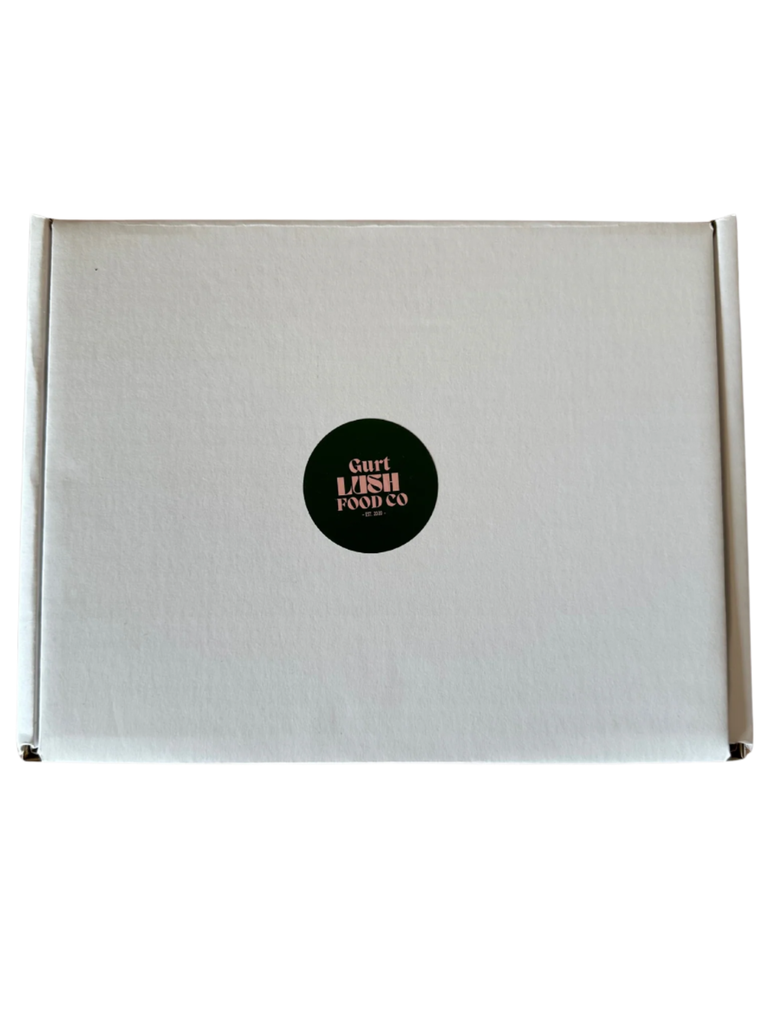 White box with a black circular logo on a white background