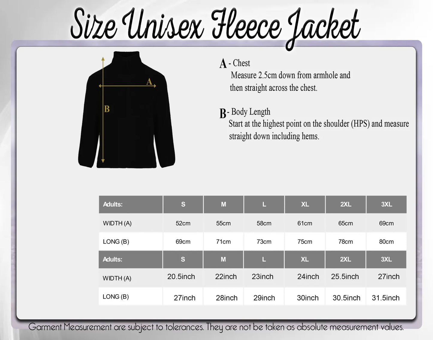 Measurement chart for a size unisex fleece jacket with black jacket illustration and text.