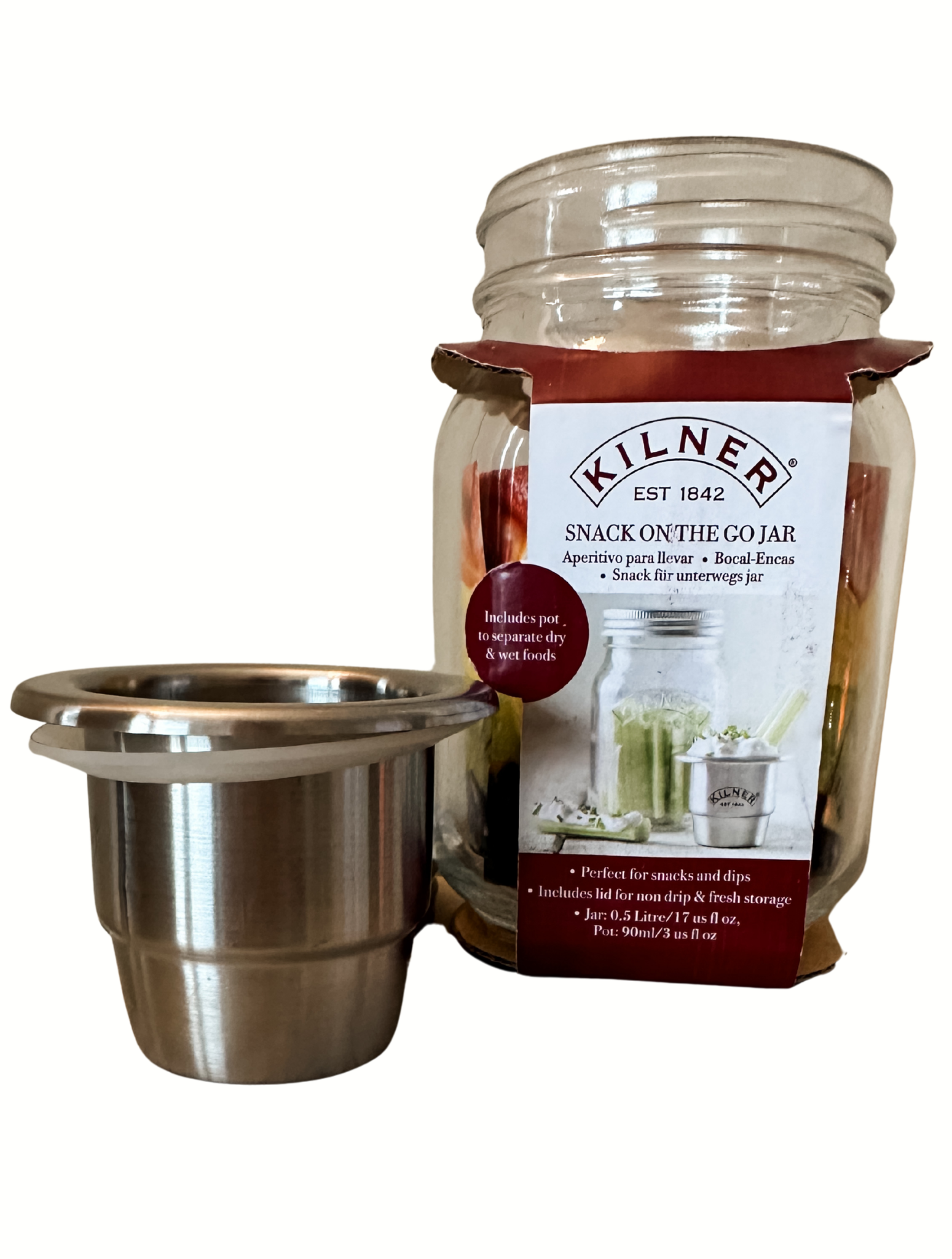 Kilner jar with a metal snack container on a white background
