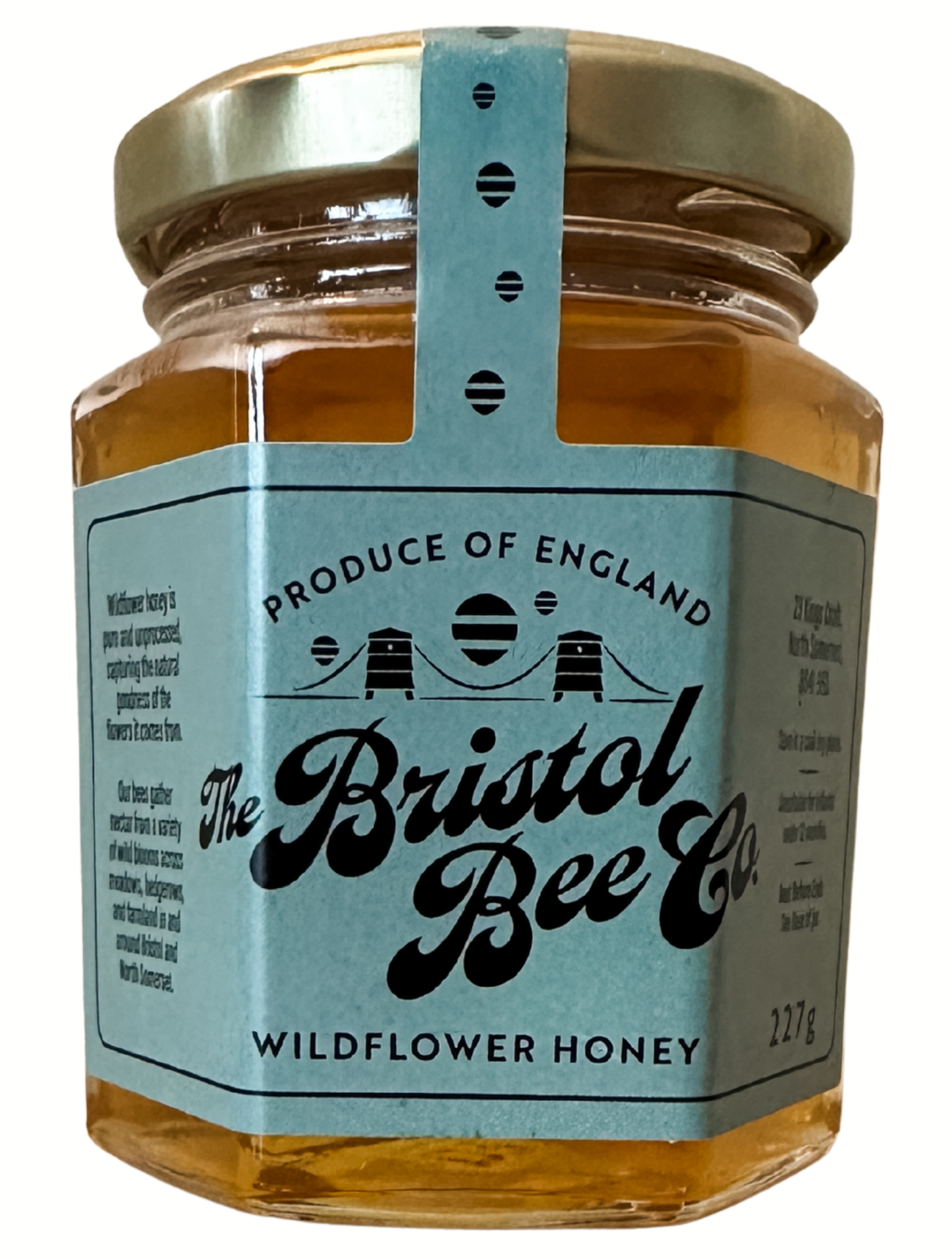 Jar of wildflower honey from The Bristol Bee Co. on a white background