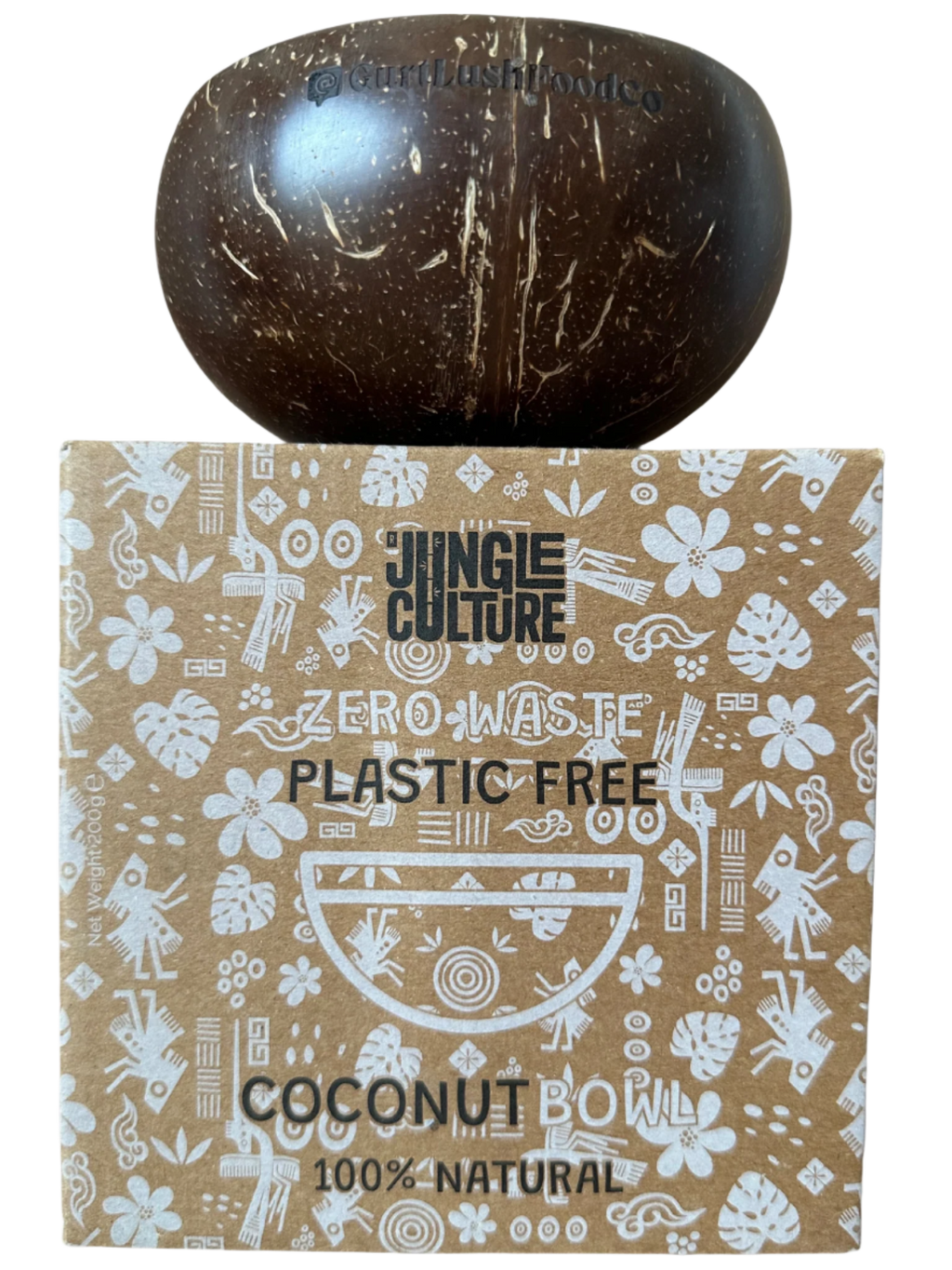 Coconut shell on a Jungle Culture branded box with 'Zero Waste' and 'Plastic Free' text.