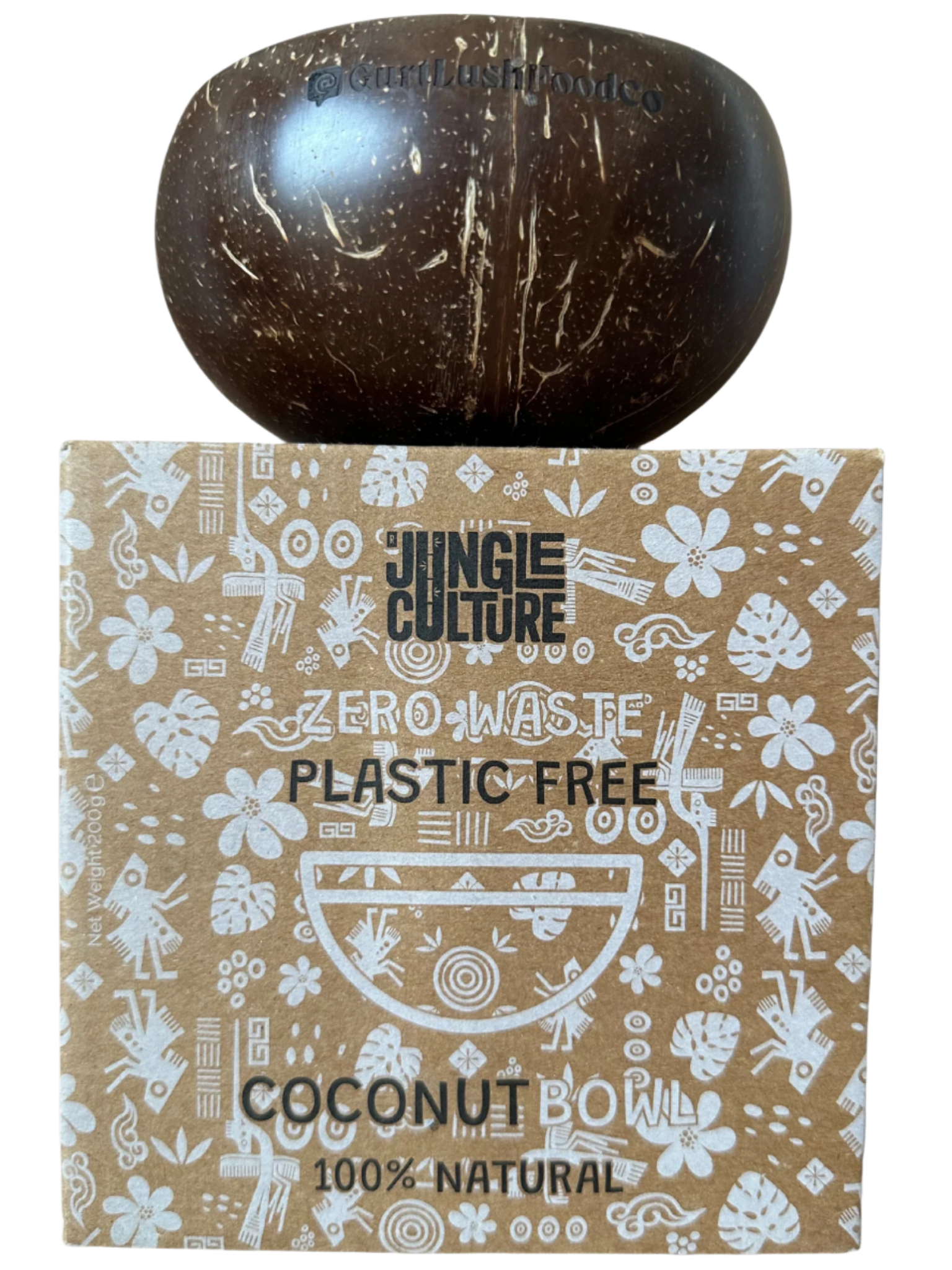 Coconut shell on a Jungle Culture branded box with 'Zero Waste' and 'Plastic Free' text.