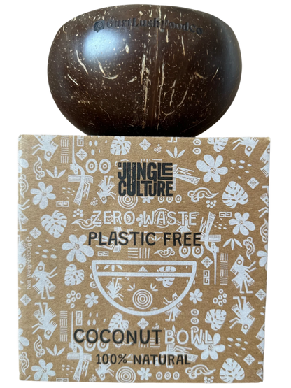 Coconut shell on a Jungle Culture branded box with 'Zero Waste' and 'Plastic Free' text.