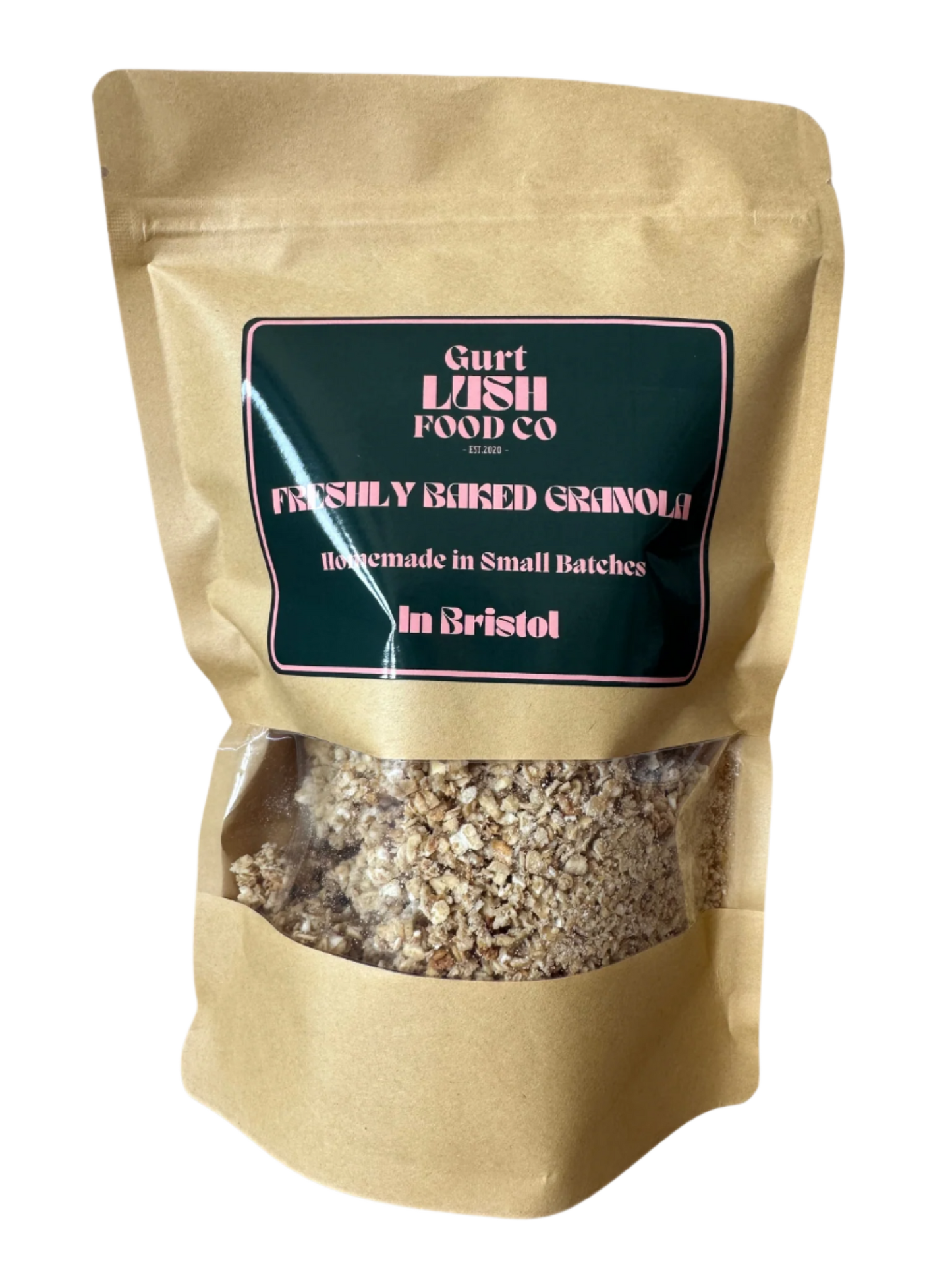 Kraft paper bag with a visible label containing granola, branded 'Gurt Lash Food Co'.
