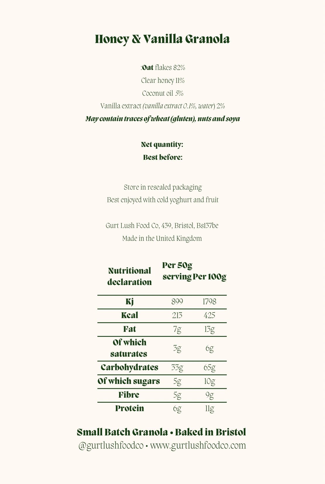 Nutritional information and ingredients list for Honey & Vanilla Granola on a white background