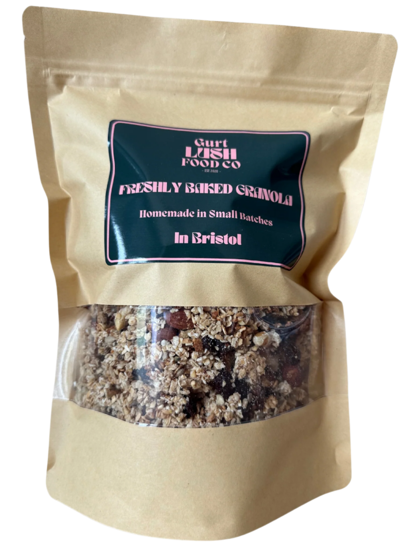 Beige packaging of freshly baked granola with a visible brand label on a white background