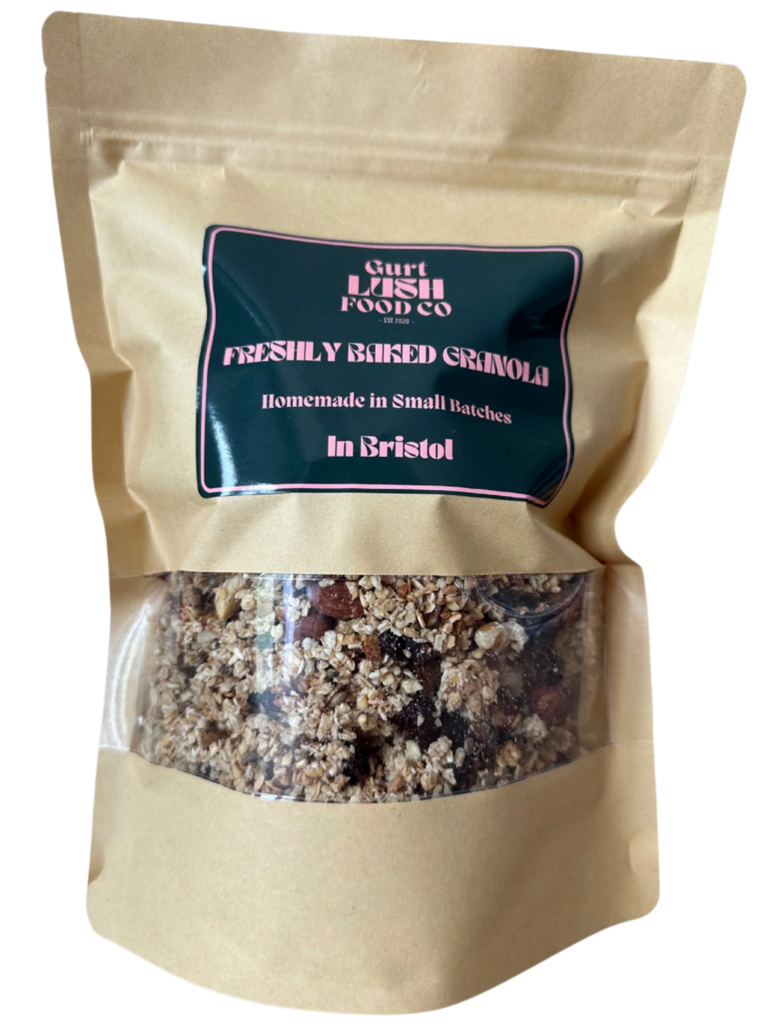 Beige packaging of freshly baked granola with a visible brand label on a white background