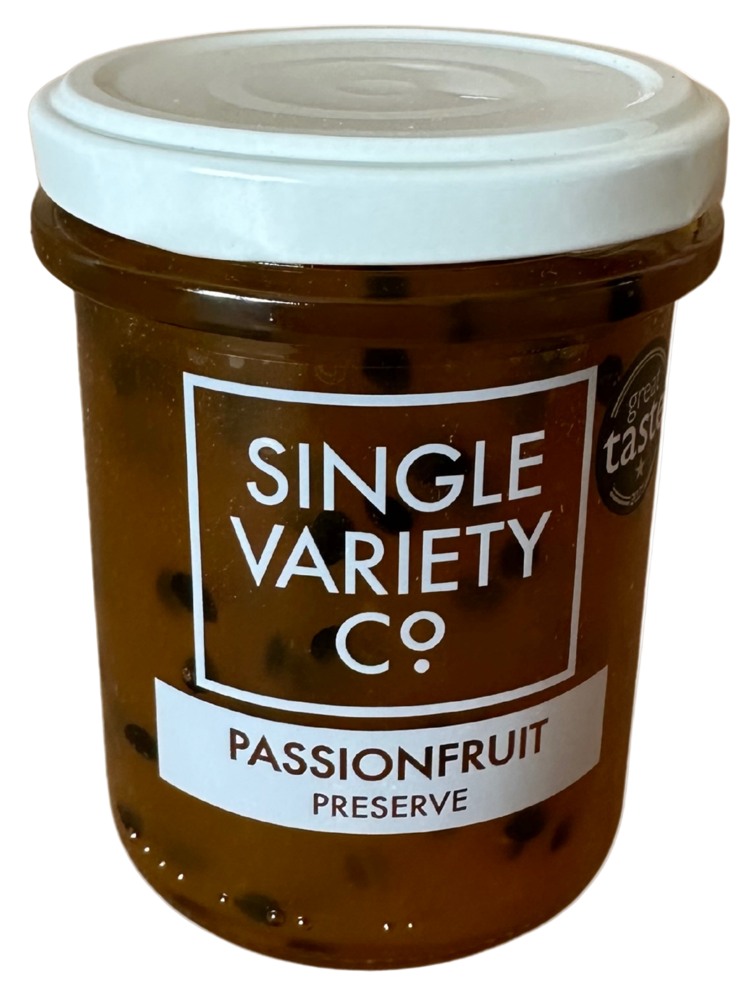 Jar of passionfruit preserve with a white lid on a white background