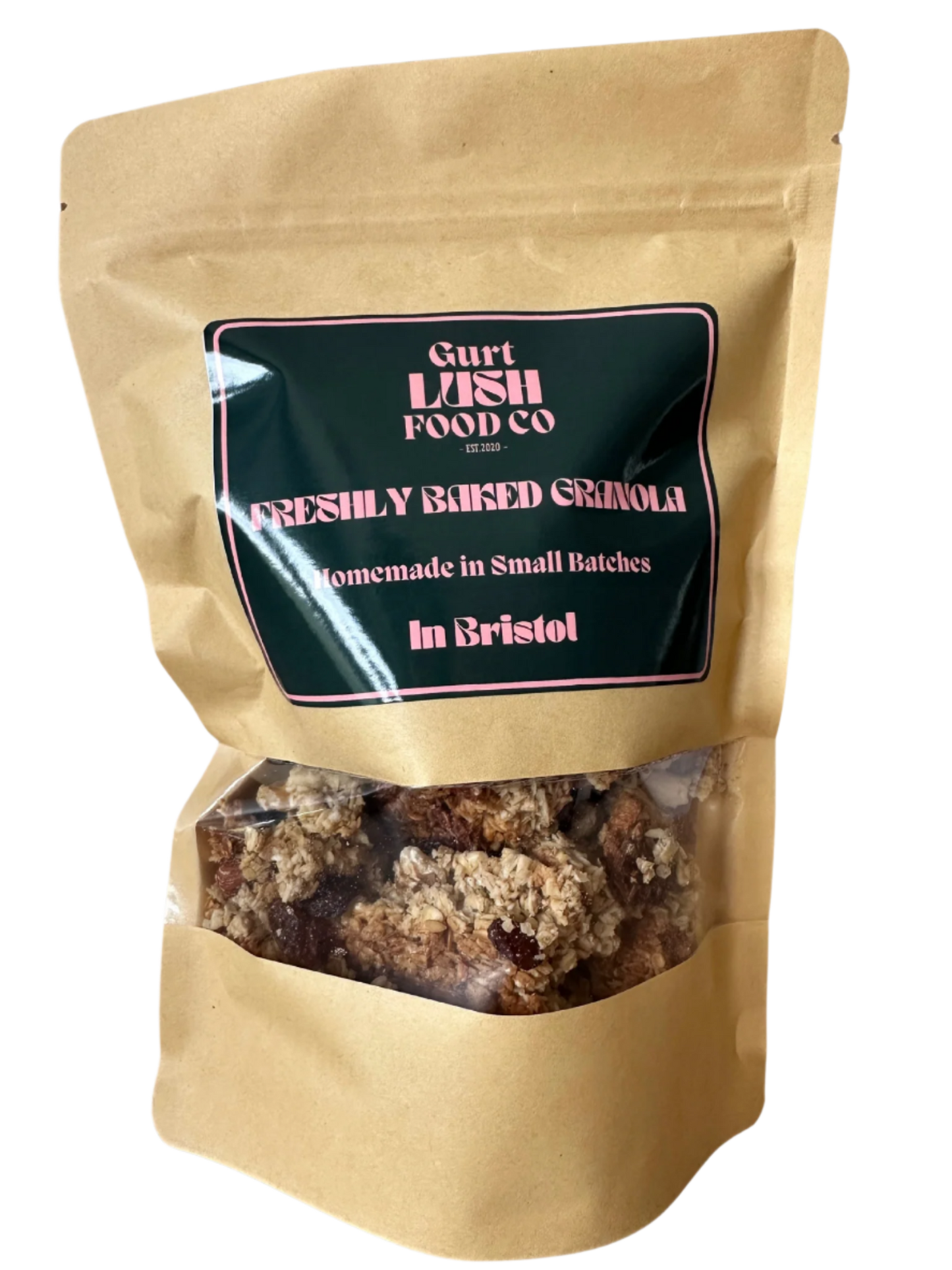 Kraft paper packaging of freshly baked granola with a visible brand label on a white background