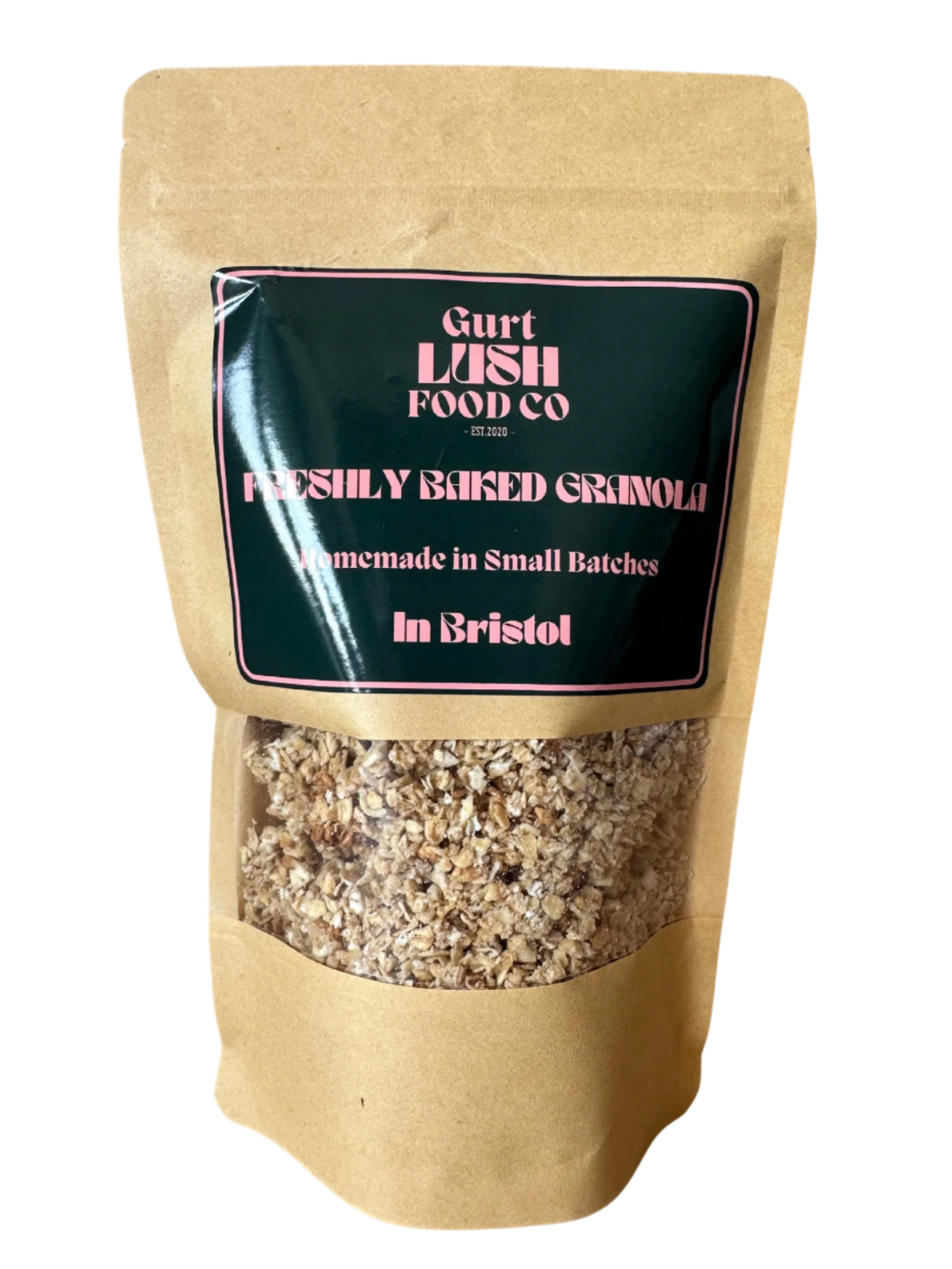 Kraft paper packaging of freshly baked granola with a visible brand label on a white background