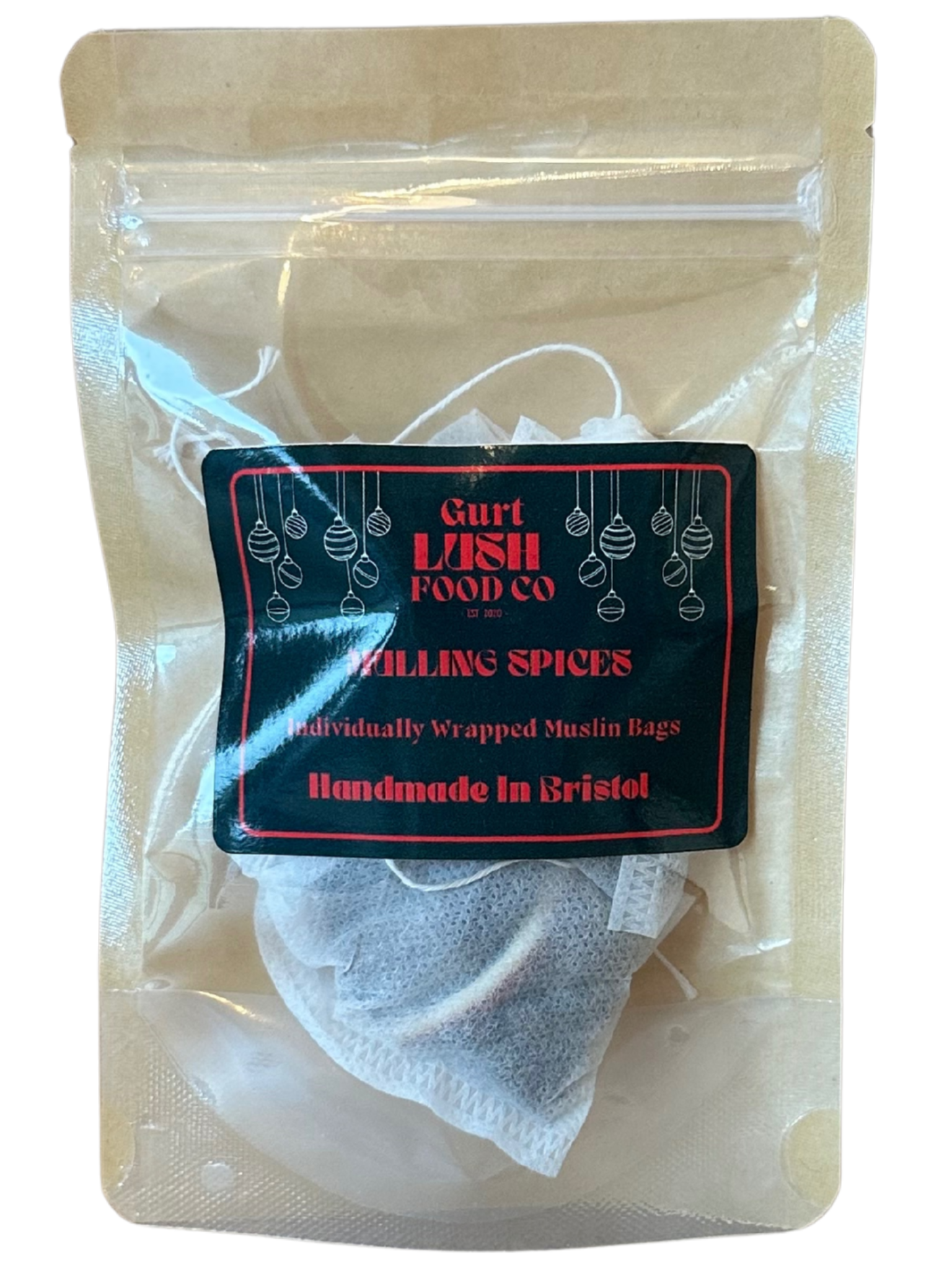 Packaged filling spices with a label on a white background