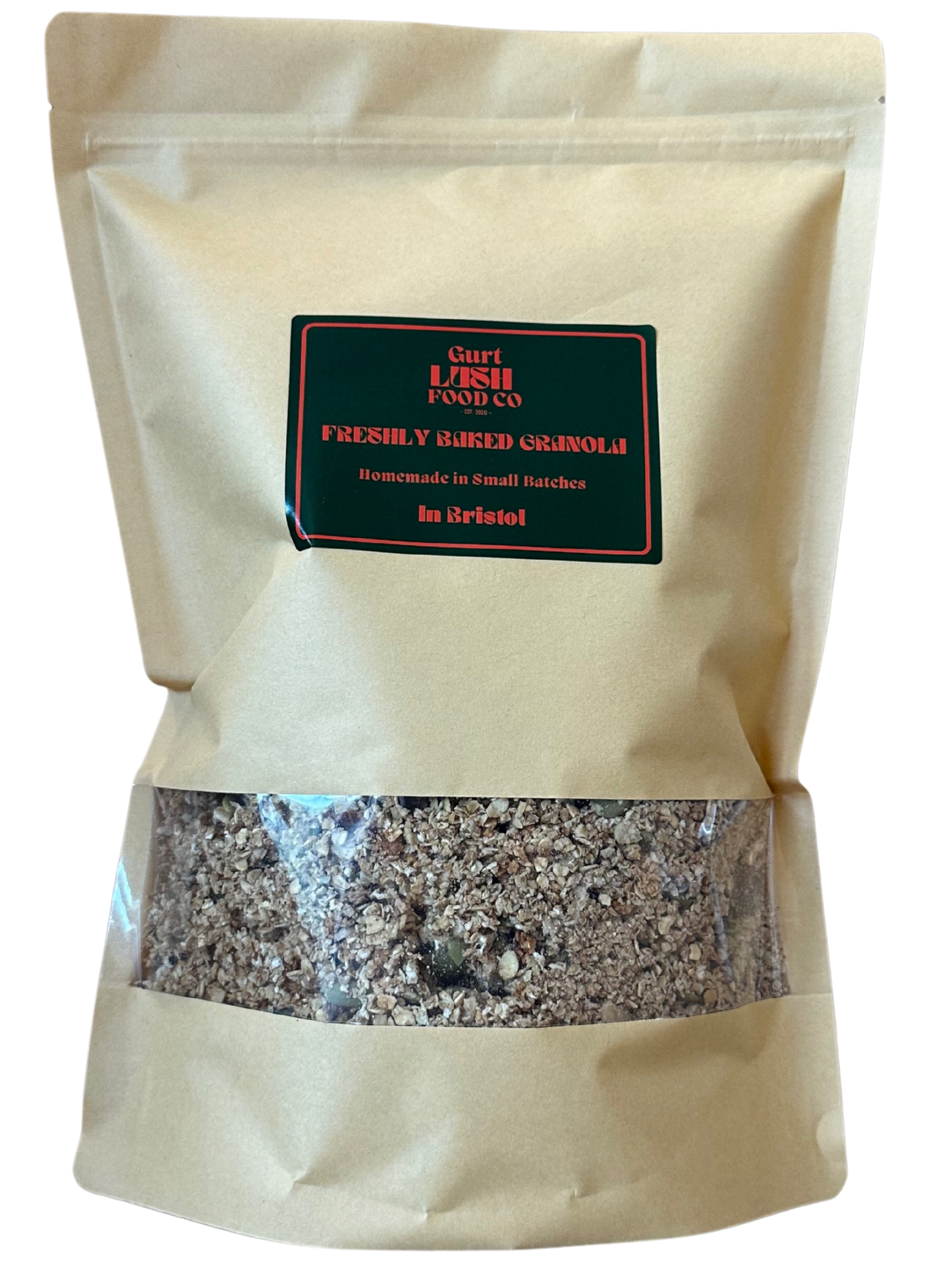 Beige bag of freshly baked granola with a visible label on a white background