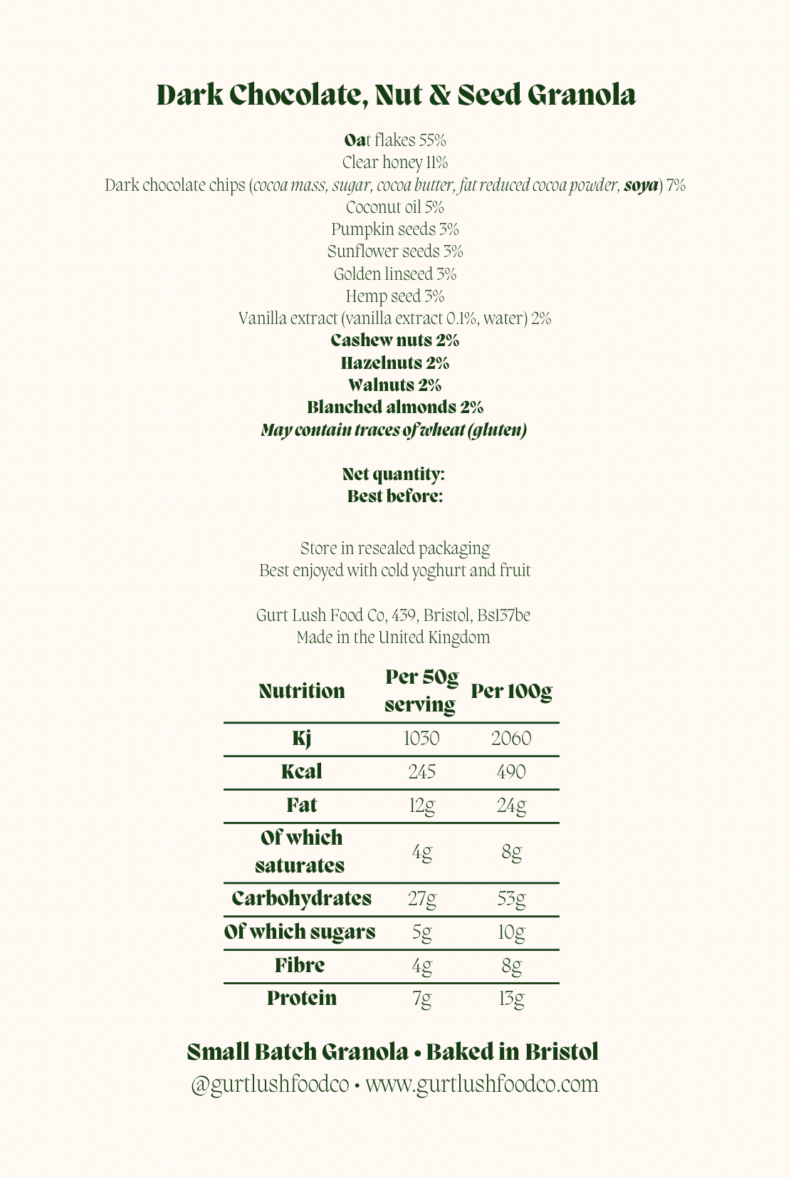 Nutritional information and ingredients list for Dark Chocolate, Nut & Seed Granola on a white background.
