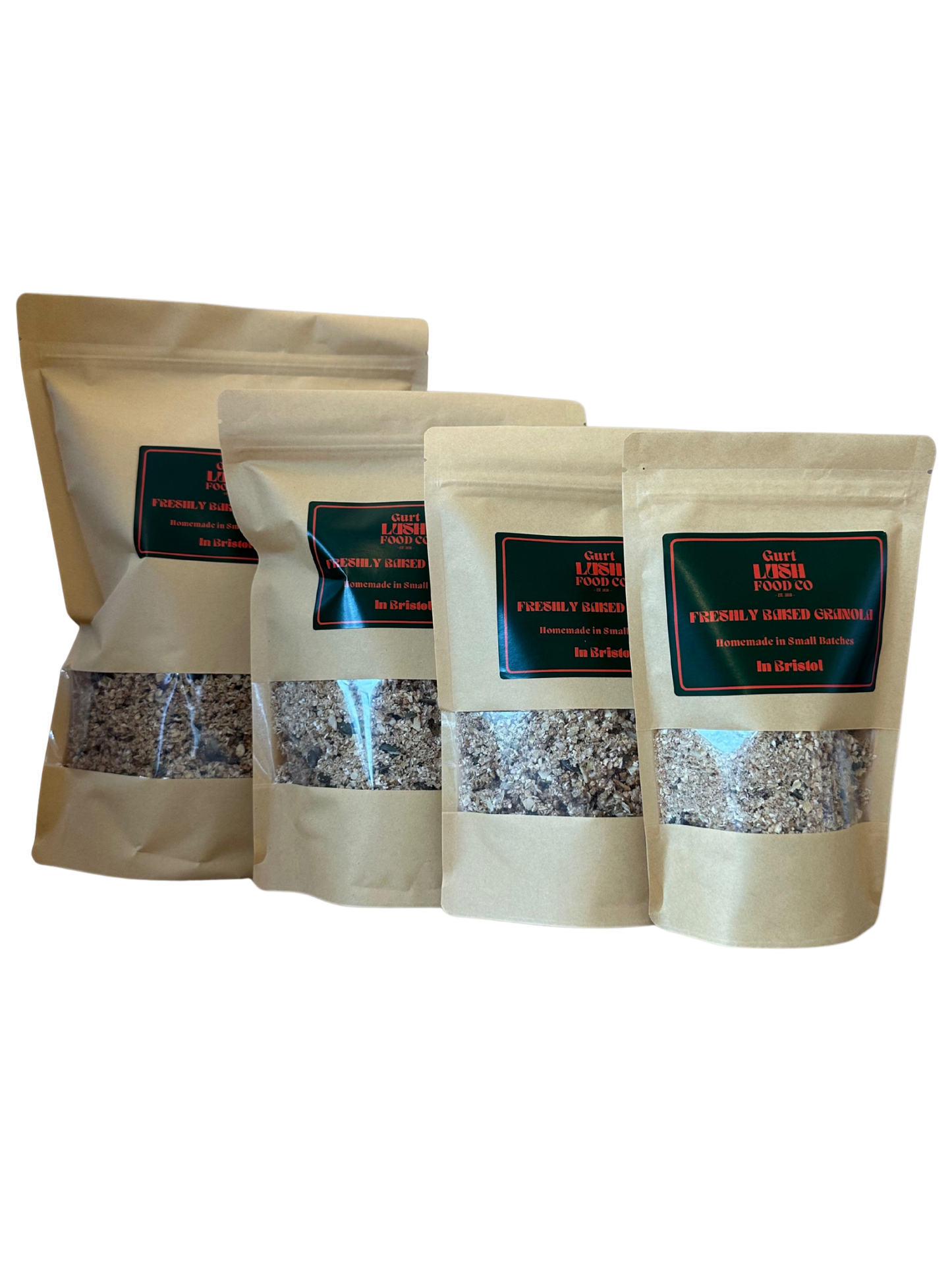 Four beige paper bags with visible contents on a white background