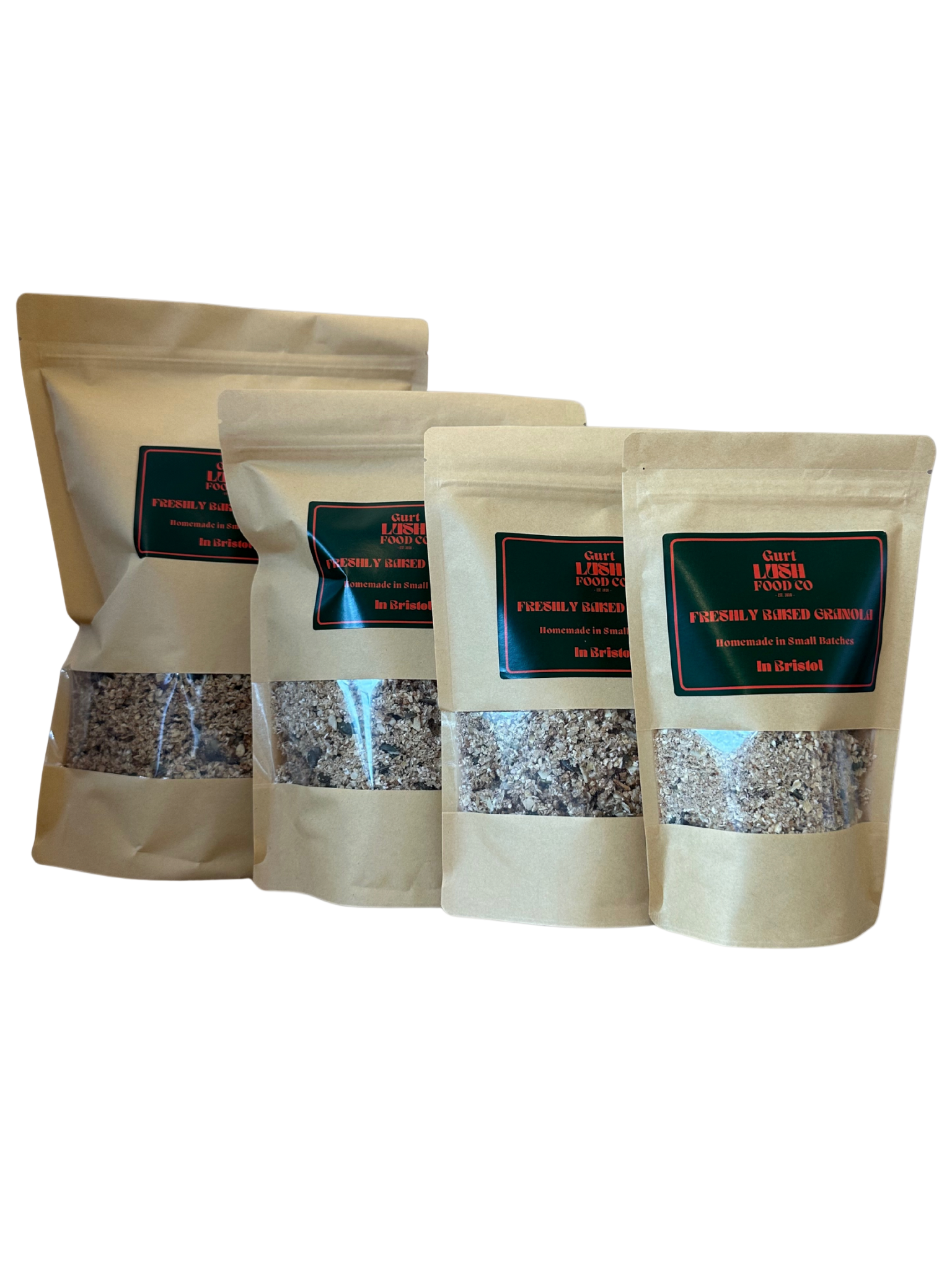 Four beige paper bags with visible contents on a white background