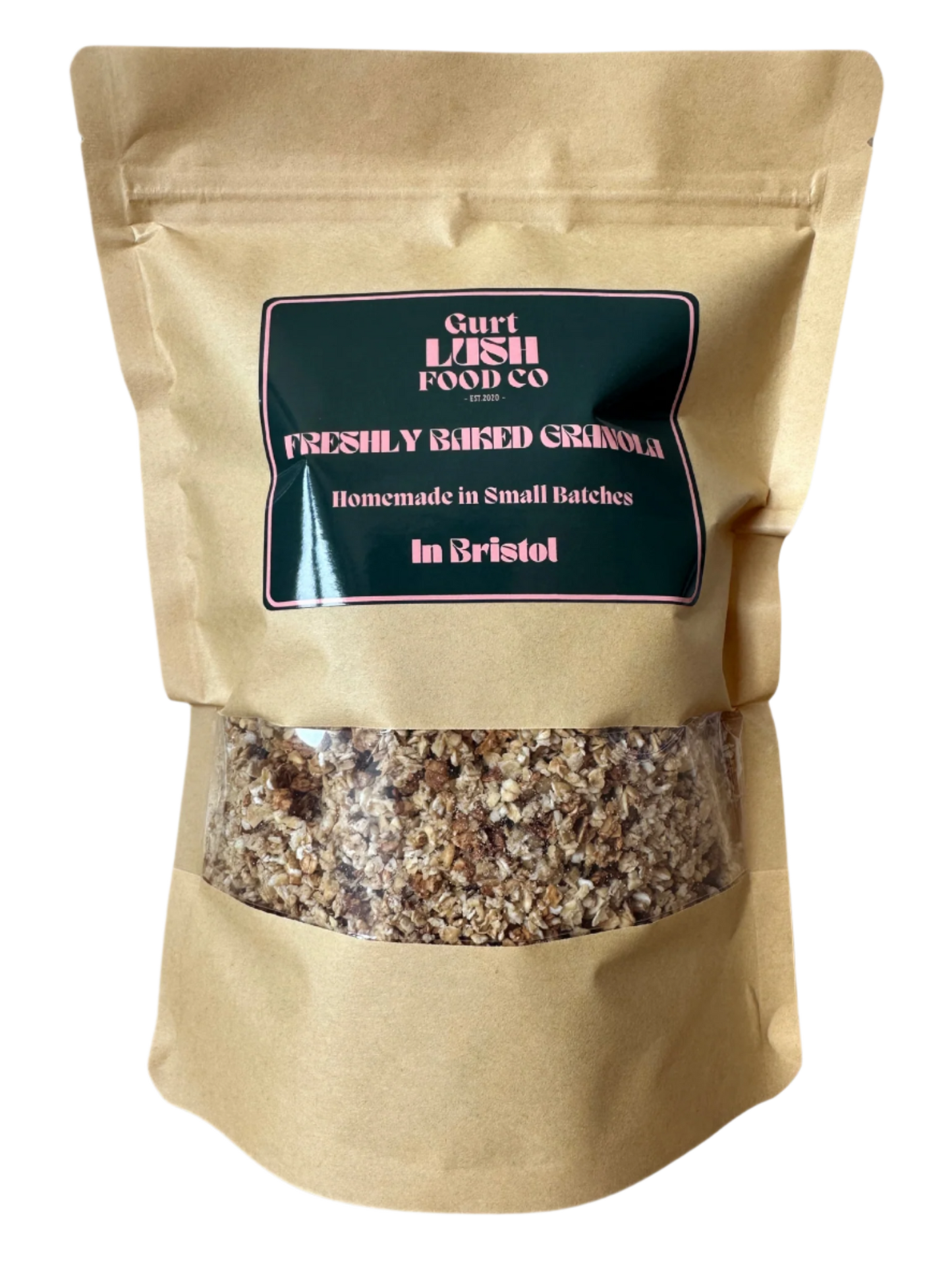 Kraft paper bag of freshly baked granola with a label on a white background