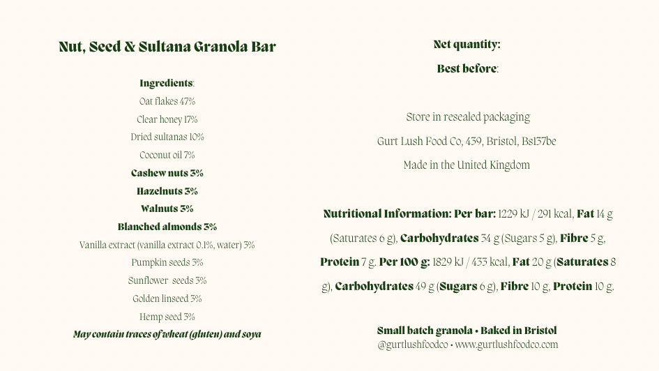 Nut, seed, and sultana granola bar label with ingredients, nutritional information, and branding details.