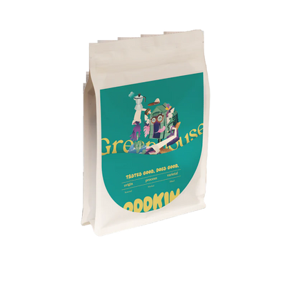 Coffee bag with a colorful label on a white background