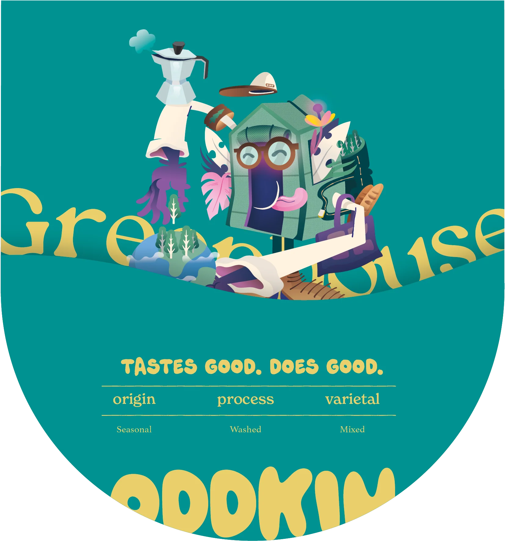 Circular design with cartoon characters and text on a teal background
