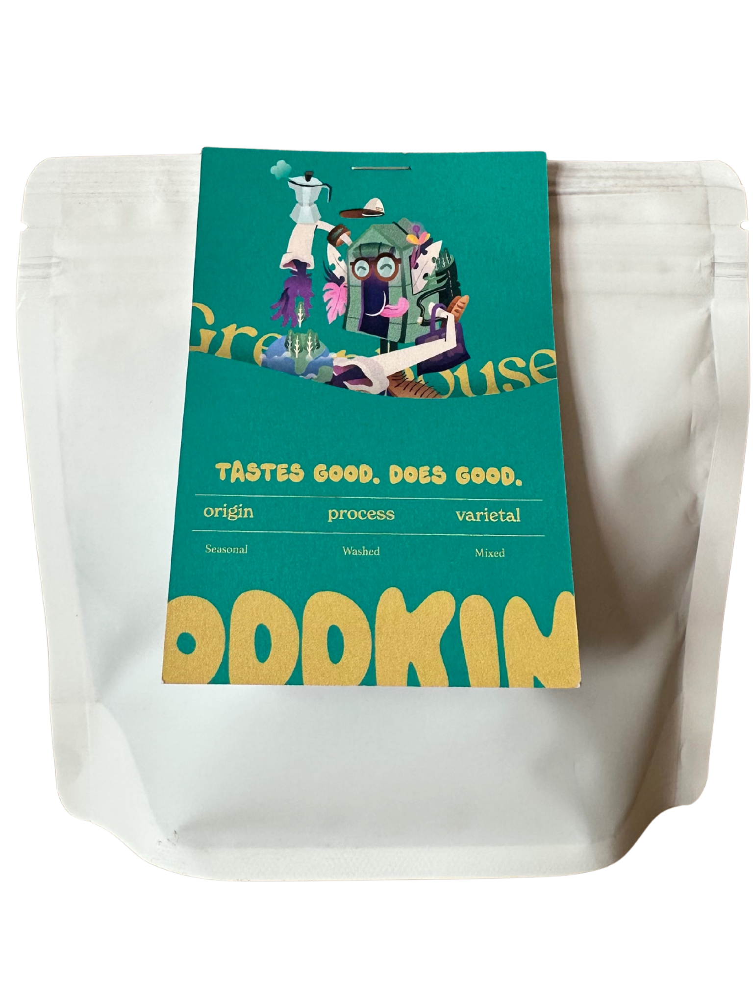 White coffee bag with a colorful label featuring text and graphics on a white background