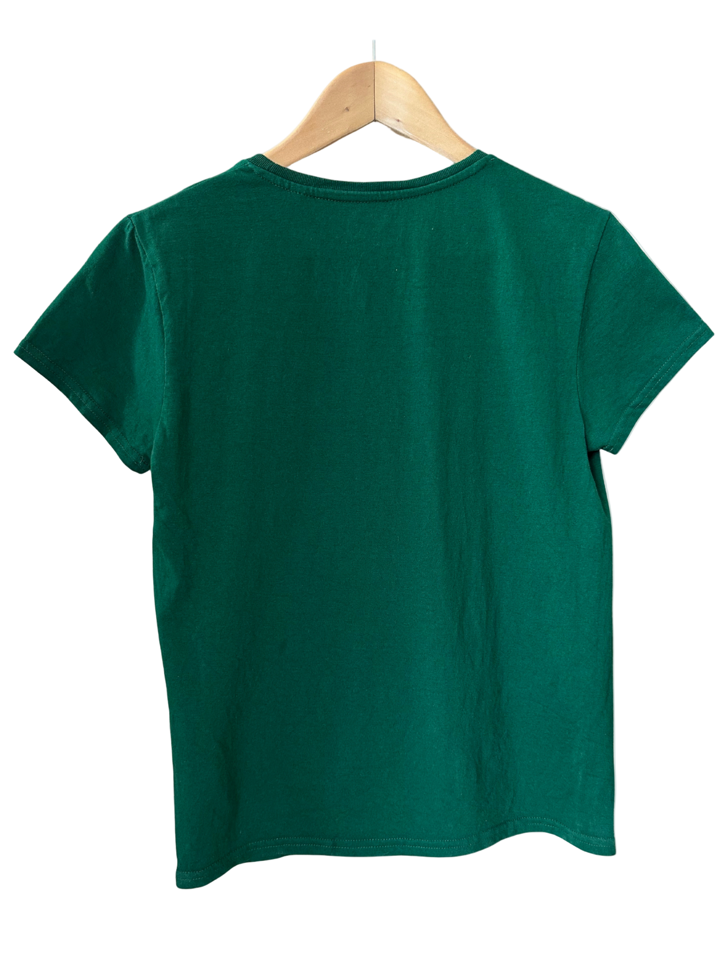 Green t-shirt on a wooden hanger against a white background