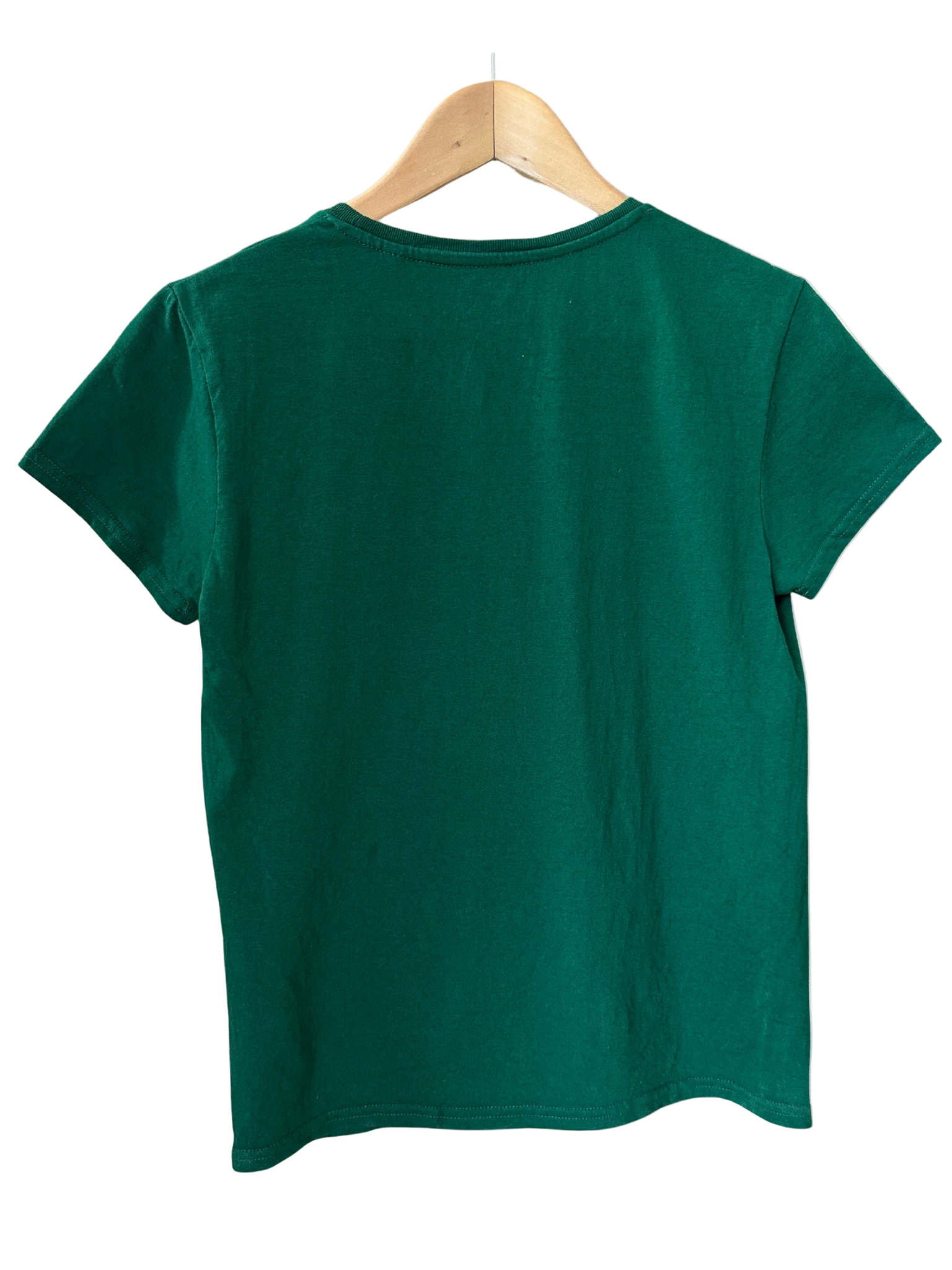 Green t-shirt on a wooden hanger against a white background