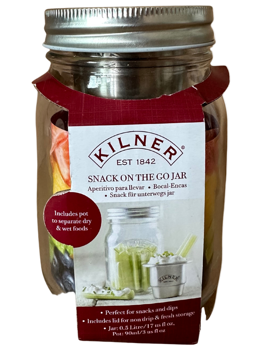 Kilner snack on the go jar with a label on a white background