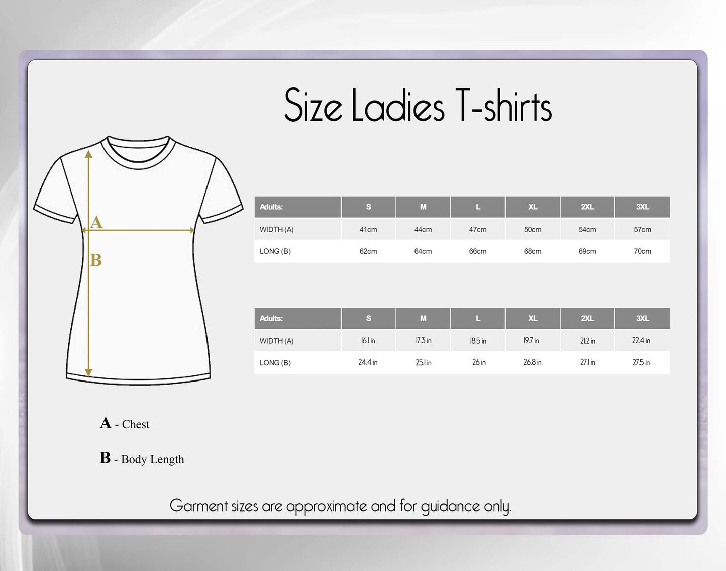Ladies T-shirt size chart with measurements on a white background