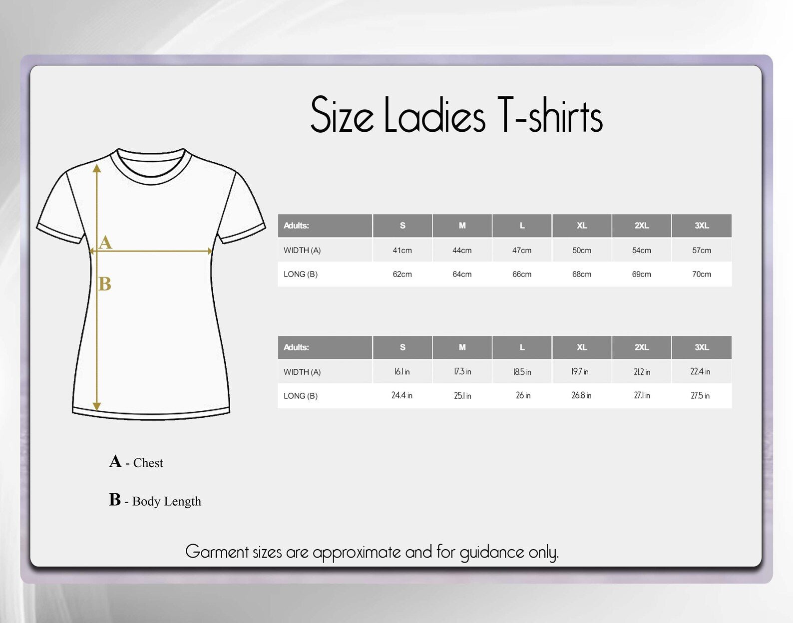 Ladies T-shirt size chart with measurements on a white background