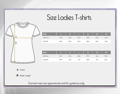Ladies T-shirt size chart with measurements on a white background